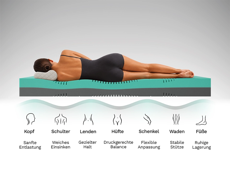 7-Zonen Körperanpassung der Elastica Basic Kaltschaummatratze für Kopf, Schulter, Lenden, Hüfte, Schenkel, Waden und Füße
