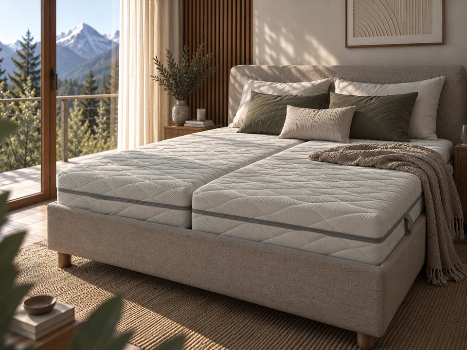 Zwei Elastica Matratzen in einem modernen Schlafzimmer mit Blick auf die österreichischen Alpen