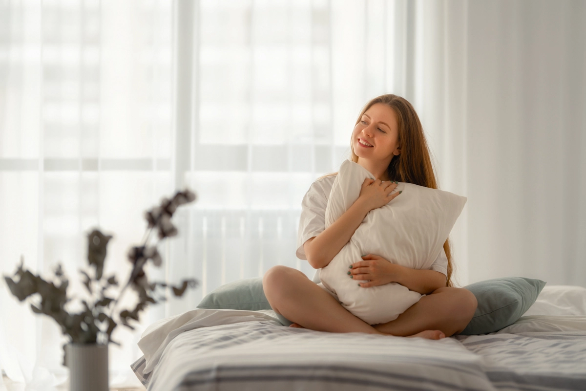 Frau im Bett Frau mit trocknergeeignetem und allergikerfreundlichem Premium Kopfkissen